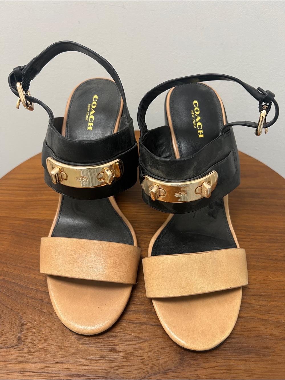 Coach Black and Tan Leather Block Heel Sandals with Gold Accent